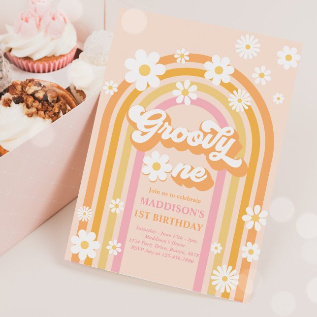 Groovy One Boho Daisy Rainbow 1 Birthday Party Inbjudningar (Skapare uppladdad)