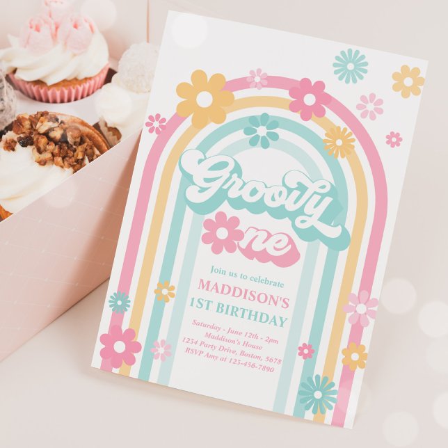 Groovy One Boho Daisy Rainbow 1 Birthday Party Inbjudningar (Skapare uppladdad)