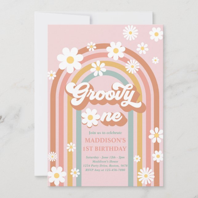 Groovy One Boho Daisy Rainbow 1 Birthday Party Inbjudningar (Framsida)