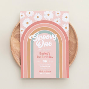 Groovy One Boho Retro Daisy 1:a födelsedagen Party Inbjudningar