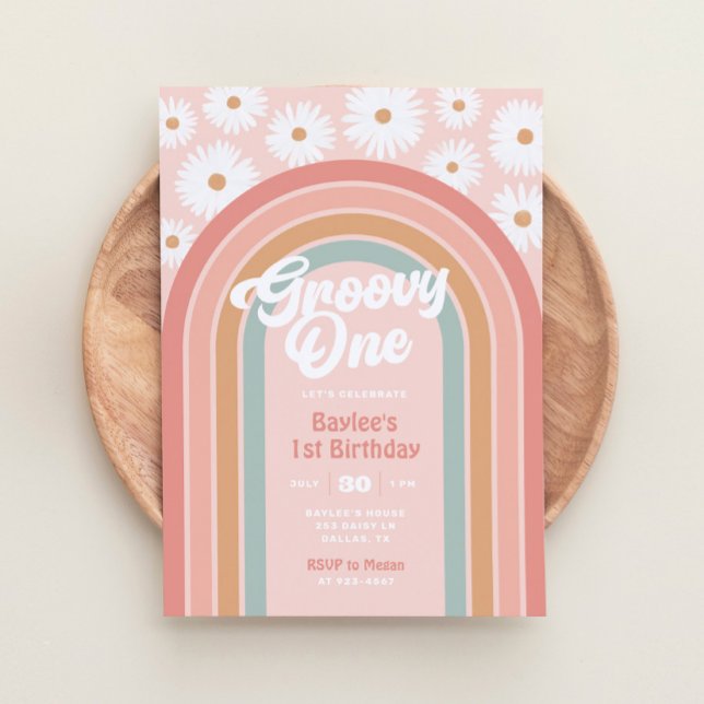 Groovy One Boho Retro Daisy 1:a födelsedagen Party Inbjudningar (Skapare uppladdad)