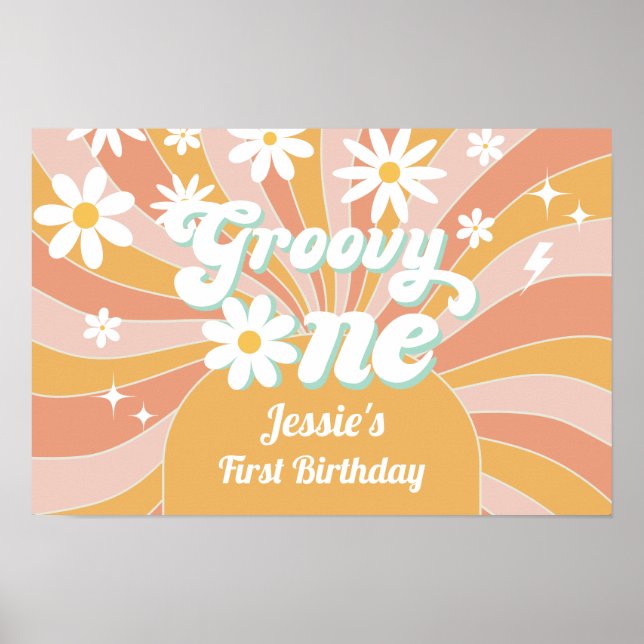 Groovy One Boho Retro Daisy Sunshine 1st Birthday Poster (Framsidan)