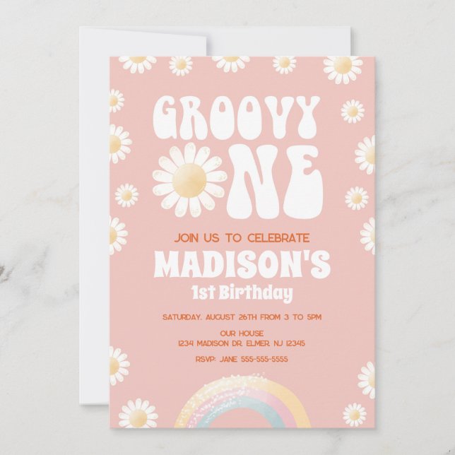 Groovy One Daisy Rainbow 70-tals Retro 1-års Födel Inbjudningar (Framsida)