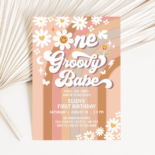 Groovy ONE Daisy Rainbow Beige 1-årsdag Inbjudningar