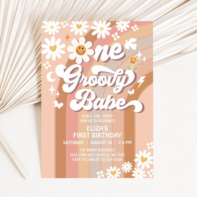 Groovy ONE Daisy Rainbow Beige 1a Birthday Inbjudningar (Skapare uppladdad)
