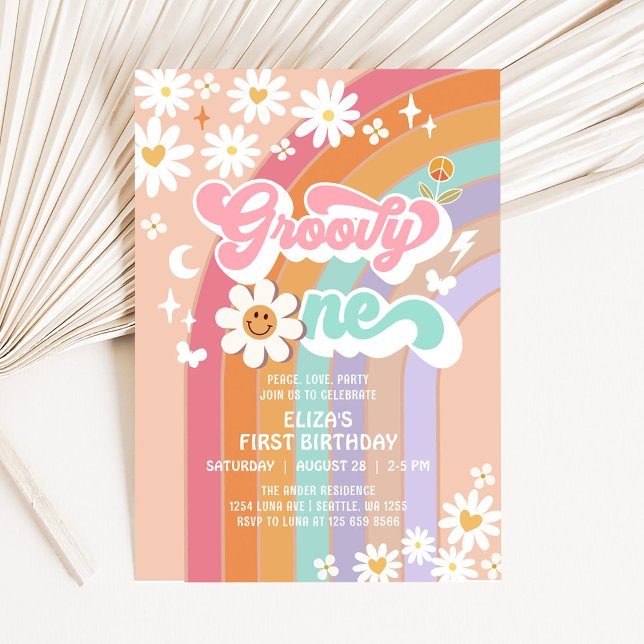 Groovy ONE Daisy Rainbow Hippie Retro Birthday Inbjudningar (Skapare uppladdad)