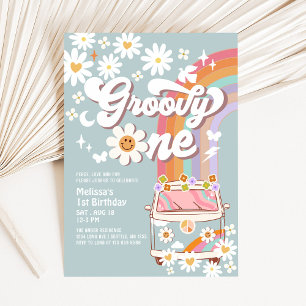Groovy ONE Damblå Tusenskönas Hippie 1-årsdag Inbjudningar