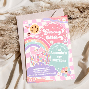 Groovy One Disco Rainbow 1-års inbjudan