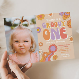 Groovy One-fotoinbjudan | Hippie Birthday Inbjudningar