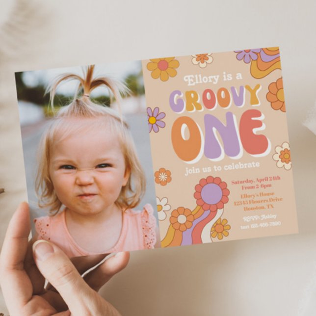 Groovy One-fotoinbjudan | Hippie Birthday Inbjudningar (Skapare uppladdad)