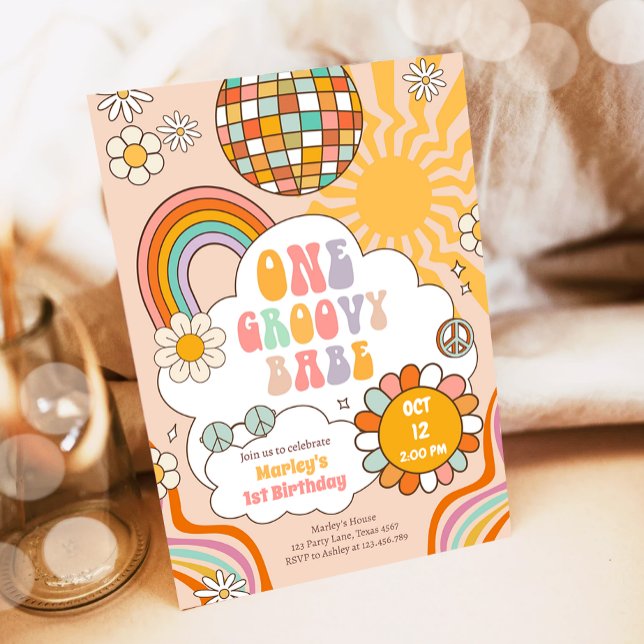 Groovy One Girl Retro 70 s Regnbåge 1:a födelsedag Inbjudningar (Skapare uppladdad)