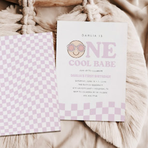 Groovy One Girls checkade Lycklig Ansikte 1:a föde Inbjudningar