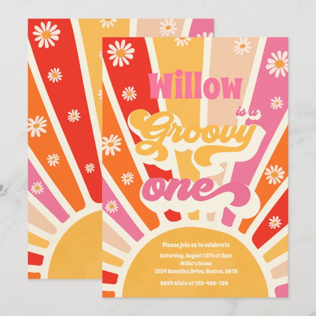 Groovy One Hippie 1:a födelsedag Sunshine Daisy Inbjudningar (Fram/baksida)