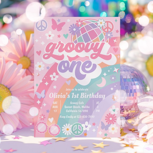Groovy One Pastel Rosa Rainbow 1 Birthday Party Inbjudningar (Skapare uppladdad)