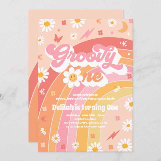 Groovy One Peace Kärlek Party Rainbow Födelsedagsf Inbjudningar (Fram/baksida)
