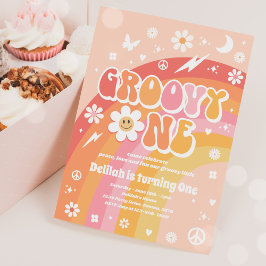 Groovy One Peace Kärlek Party Rainbow Födelsedagsf Inbjudningar