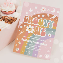 Groovy One Peace Kärlek Party Rainbow Födelsedagsf Inbjudningar