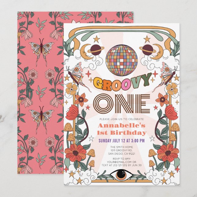 Groovy One Psychedelic Retro Girl 1st Birthday Inbjudningar (Fram/baksida)