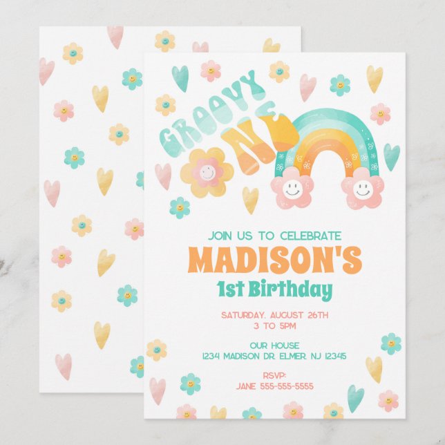 Groovy One Rainbow Blomma 70-tal Retro 1-års Födel Inbjudningar (Fram/baksida)