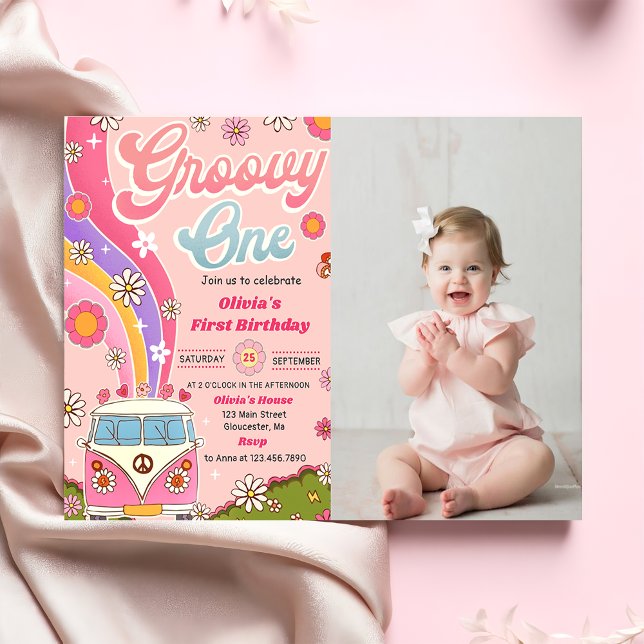 Groovy One Rainbow Blommigt 1st Birthday Party Pho Inbjudningar (Skapare uppladdad)