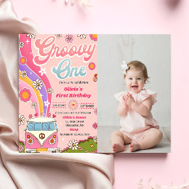 Groovy One Rainbow Blommigt 1st Birthday Party Pho Inbjudningar