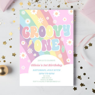 Groovy One Rainbow Daisy Retro 1:a födelsedagen Pa Inbjudningar