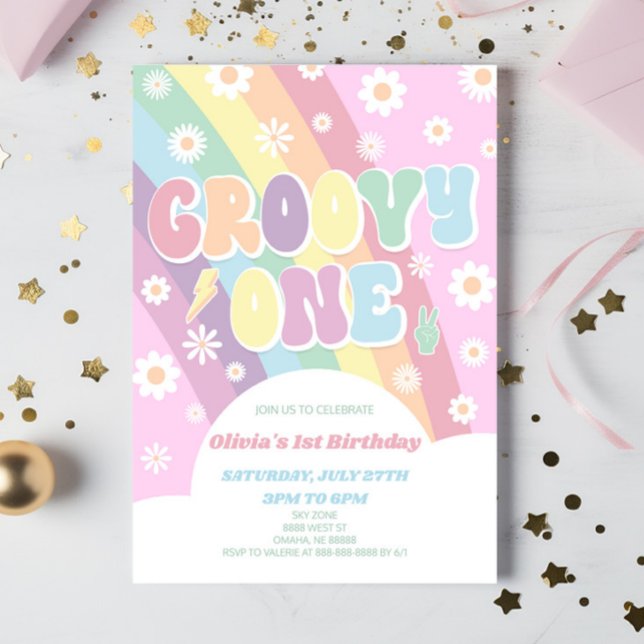 Groovy One Rainbow Daisy Retro 1:a födelsedagen Pa Inbjudningar (Skapare uppladdad)