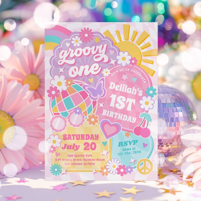 Groovy One Rainbow Sunshine 1st Birthday Party Inbjudningar (Skapare uppladdad)