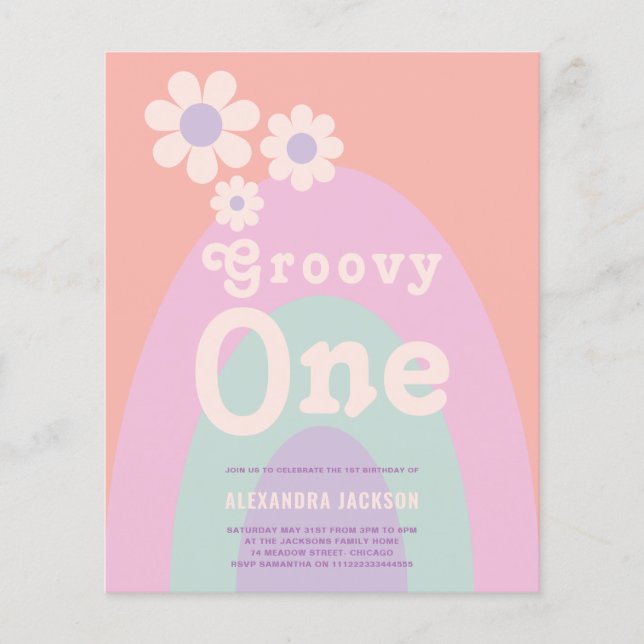 Groovy One Retro 1st Birthday Party budget Flygblad (Framsidan)