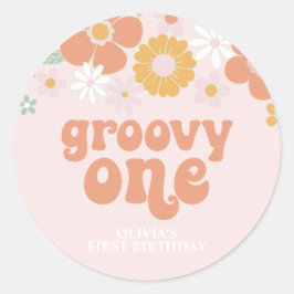 Groovy One Retro Blommig ettårsdag Runt Klistermärke