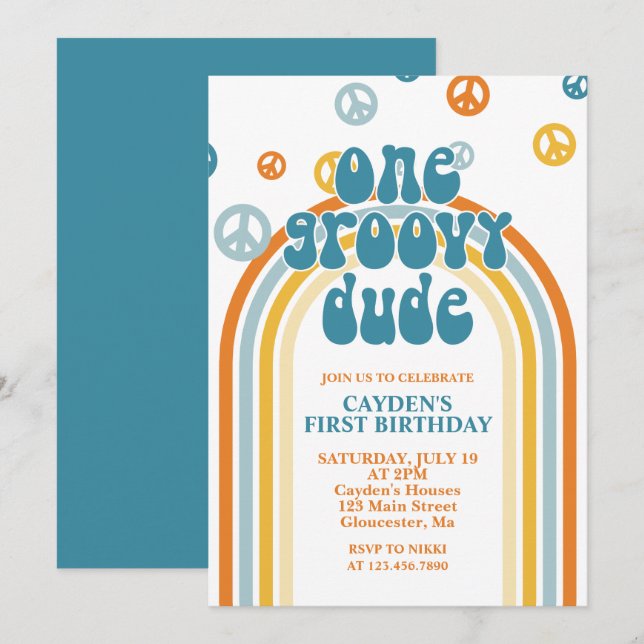 Groovy One Retro Boy Första födelsedagsinbjudan Inbjudningar (Fram/baksida)