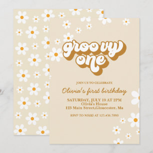 Groovy One Retro Daisy 1:a födelsedagsinbjudan Inbjudningar