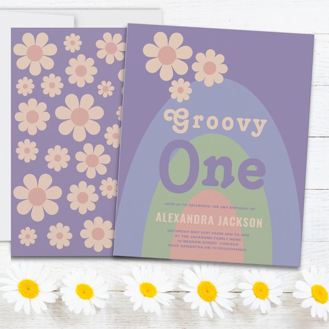 Groovy One Retro Daisy 1-års födelsedagsfest (Groovy one retro daisy arch pastel purple blue green and pink 1st birthday party invitation )