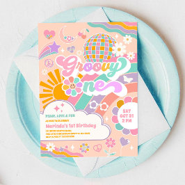 Groovy One Retro Daisy 1-års inbjudan