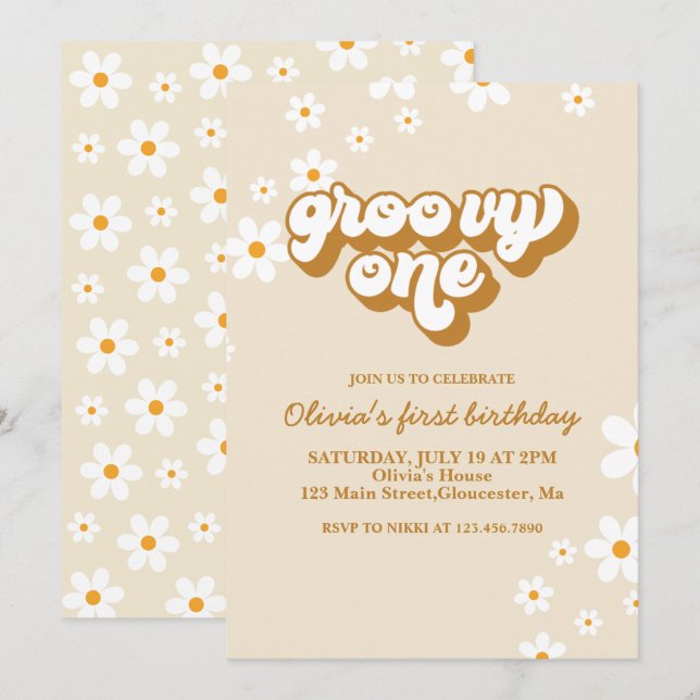 Groovy One Retro Daisy 1-års inbjudan (Fram/baksida)