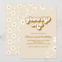 Groovy One Retro Daisy 1-års inbjudan