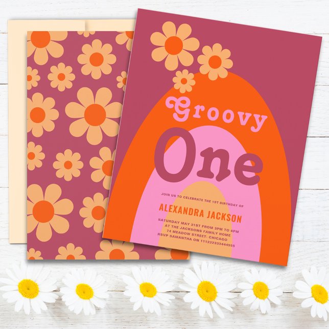 Groovy One Retro Daisy Arch 1:a födelsedagen Party (Groovy one retro daisy arch orange pink yellow 1st birthday party budget invitation )