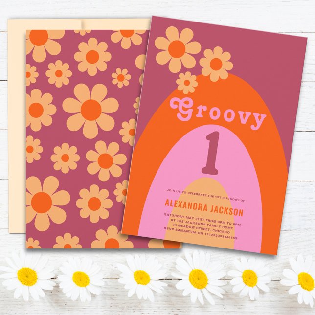 Groovy One Retro Daisy-båge 1-års födelsedagsfest Inbjudningar (Groovy 1 retro daisy arch orange and pink 1st birthday party invitation )