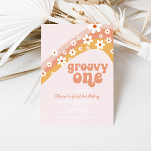 Groovy One Retro daisy boho blommigt första födels Inbjudningar