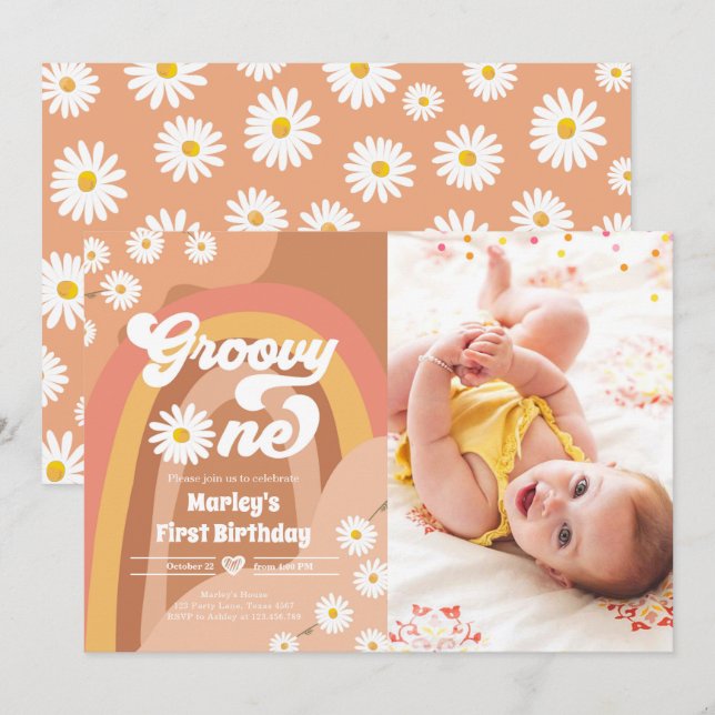 Groovy One Retro Daisy Boho Hippie första födelsed Inbjudningar (Fram/baksida)