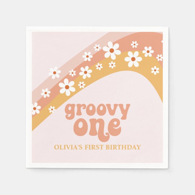 Groovy One Retro Daisy Boho Regnbåge Servetter (Framsidan)