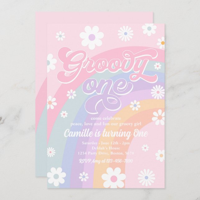 Groovy One Retro Daisy Pastel Rainbow Birthday Inbjudningar (Fram/baksida)