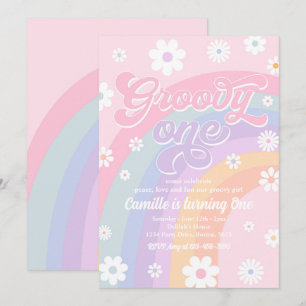 Groovy One Retro Daisy Pastel Rainbow Birthday Inbjudningar