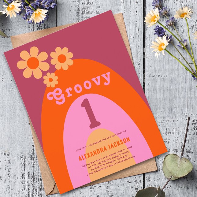 Groovy One Retro Daisy Rainbow 1 Birthday Party Inbjudan Vykort (Groovy 1 retro boho first birthday party budget invitation postcard pink orange yellow daisy arch)