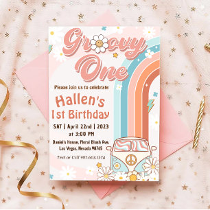Groovy One Retro Daisy Rainbow Första födelsedag Inbjudningar