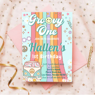 Groovy One Retro Daisy Rainbow Första födelsedag Inbjudningar