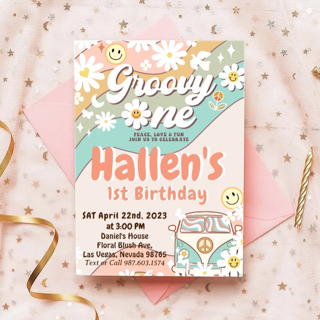 Groovy One Retro Daisy Rainbow Första födelsedag Inbjudningar (Skapare uppladdad)