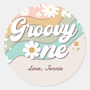 Groovy One Retro Daisy Rainbow Första födelsedag Runt Klistermärke