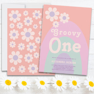 Groovy One Retro Daisy Regnbåge 1-års Födelsedagsf Inbjudningar
