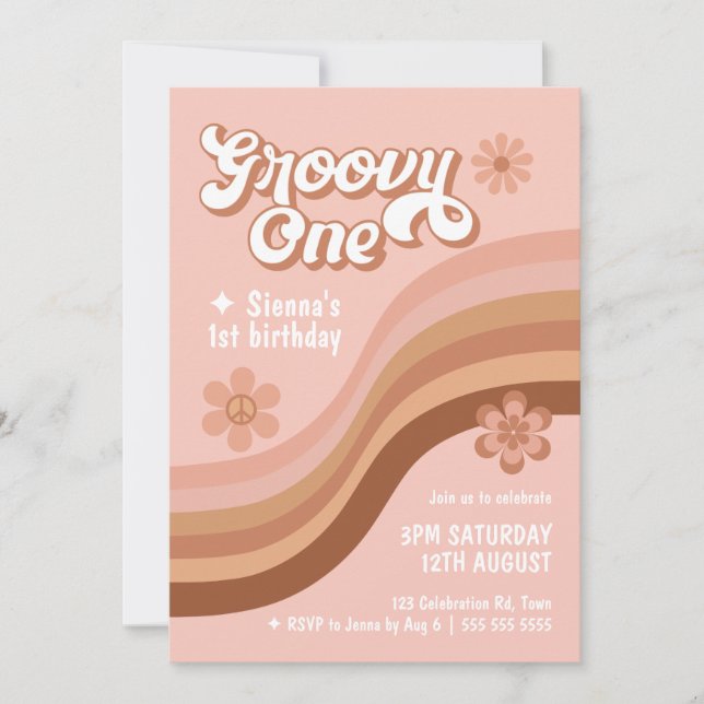 Groovy One Retro Daisy Rosa Girl 1 Birthday  Inbjudningar (Framsida)
